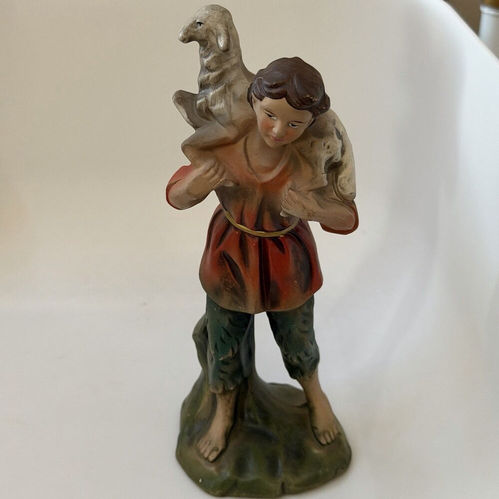 Vintage Japan Nativity Shepherd Carrying Lamb Figurine 7 3/4 in Hand Painted